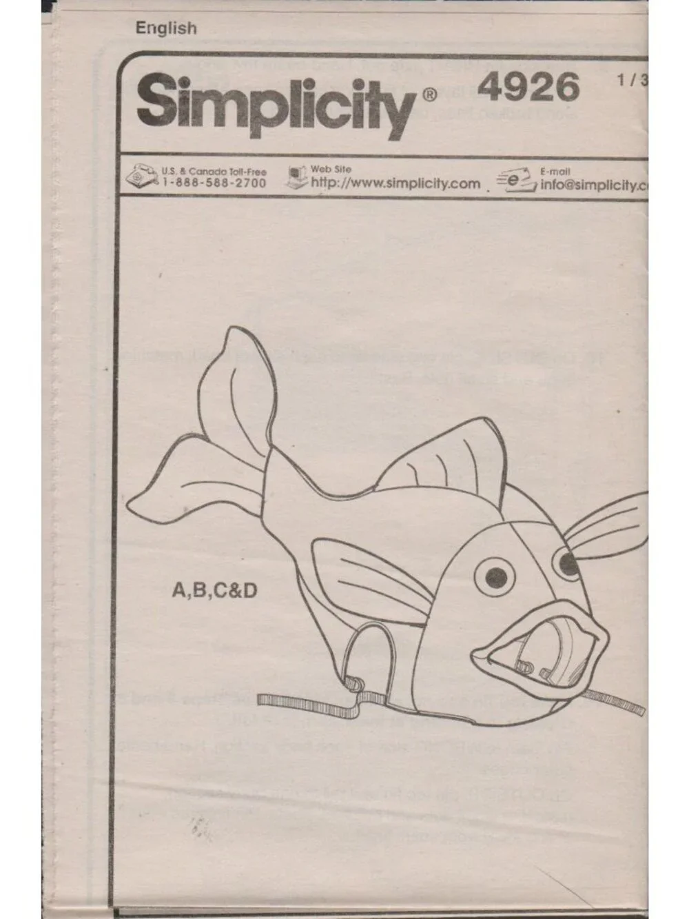 Simplicity 4926 Kids Fish Costume Pattern Childs One Size Uncut Longia Miller